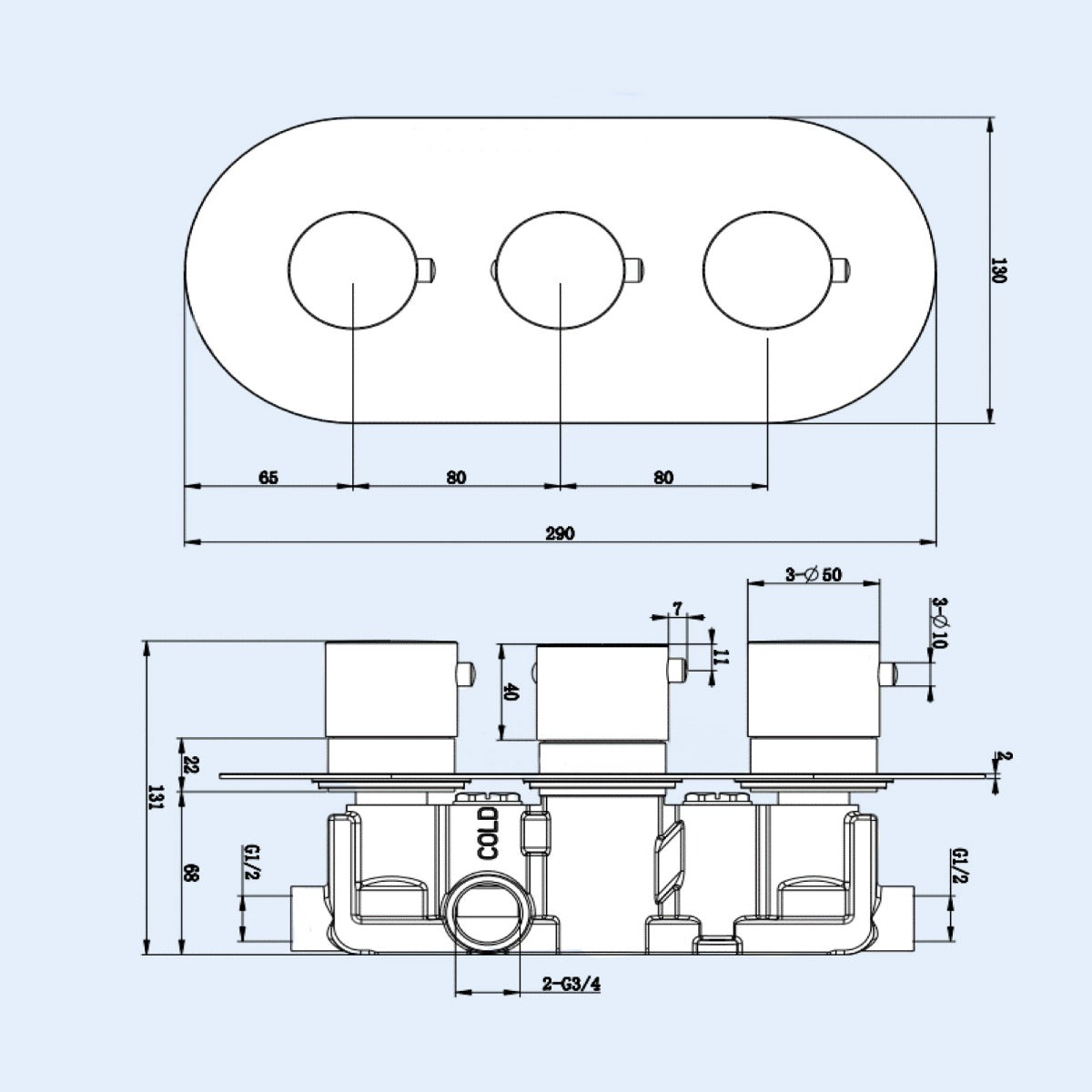 Vulco Round 3 Dial 2 Way Round Concealed Thermostatic Valve, Shower Head & Handset Set
