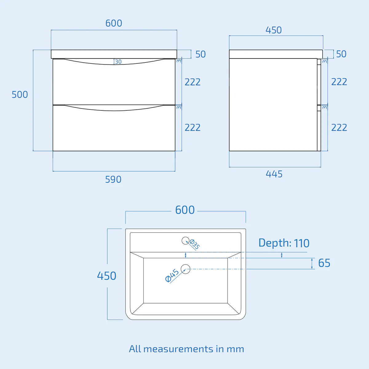 Merton 600mm Wall Hung Vanity Basin Unit & Square Rimless Close Coupled Toilet Grey