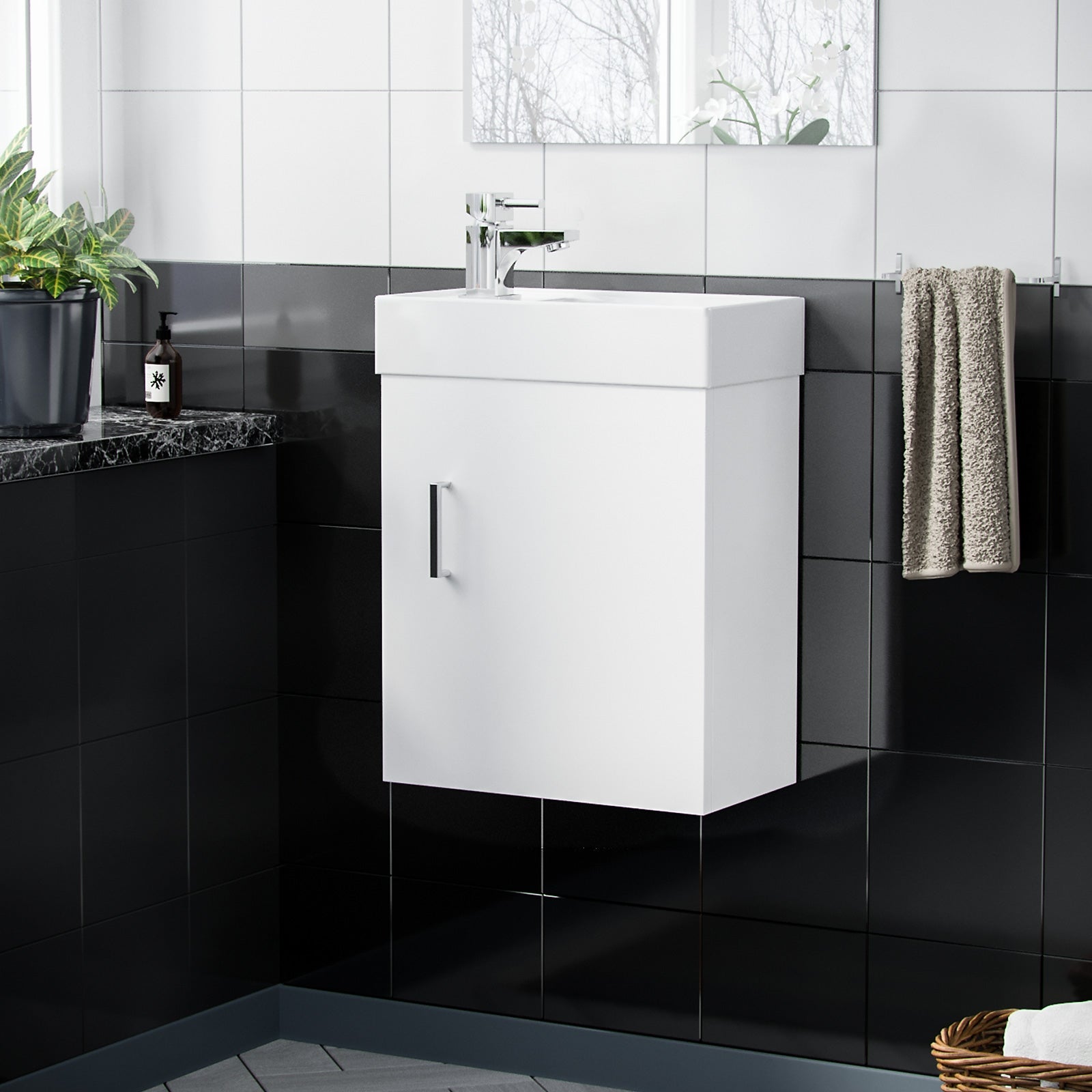 Nanuya 400mm Cloakroom Wall Hung Basin Vanity Unit, Mixer Tap & Waste White