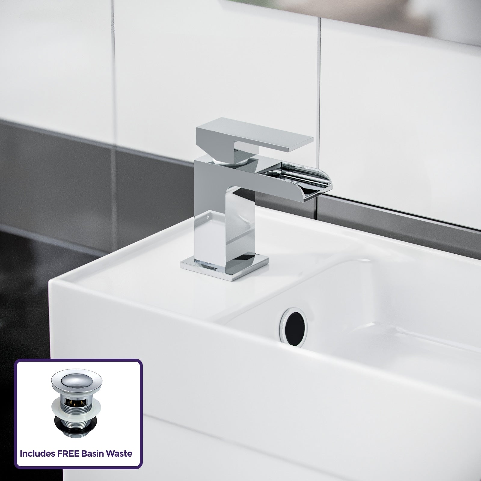 Nanuya 400mm Cloakroom Wall Hung Basin Vanity Unit, Waterfall Tap & Waste White