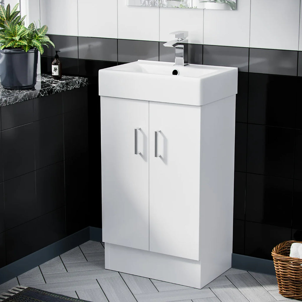 Nanuya L-Shaped LH Shower Bath Basin White 450mm Vanity Toilet Matte Black Taps Set