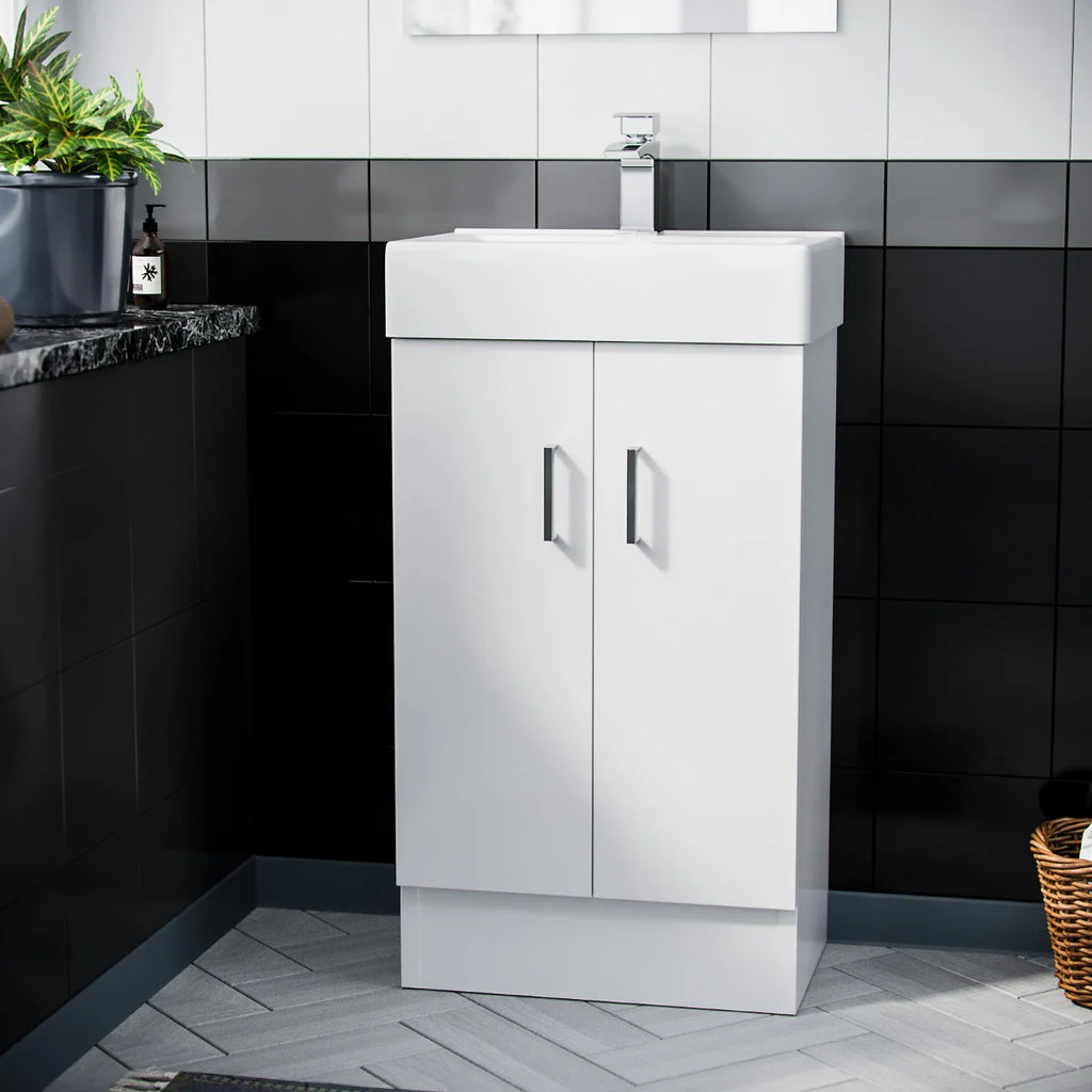 Nanuya L-Shaped LH Shower Bath Basin White 450mm Vanity Toilet Matte Black Taps Set