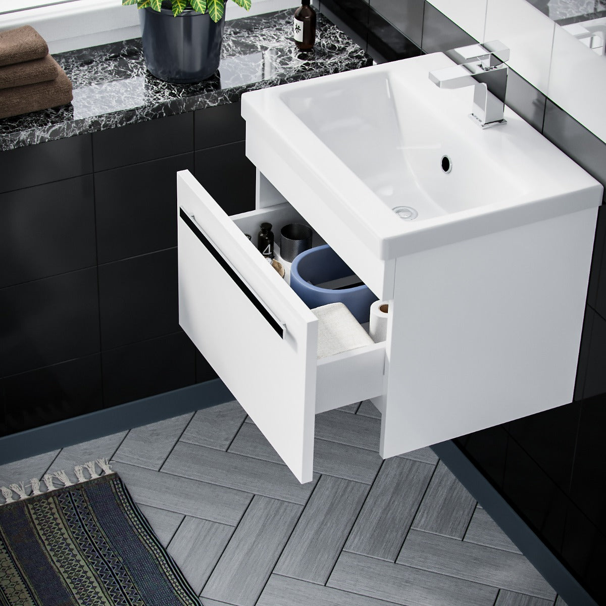 Nanuya 500mm Wall Hung 1 Drawer Vanity Unit Gloss White And Complete Toilet Set