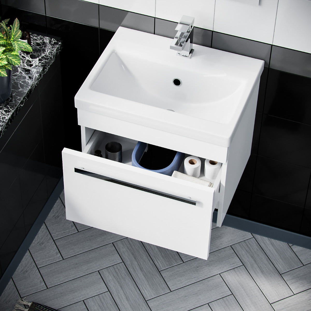 Nanuya 500mm Wall Hung 1 Drawer Vanity Unit Gloss White And Complete Toilet Set