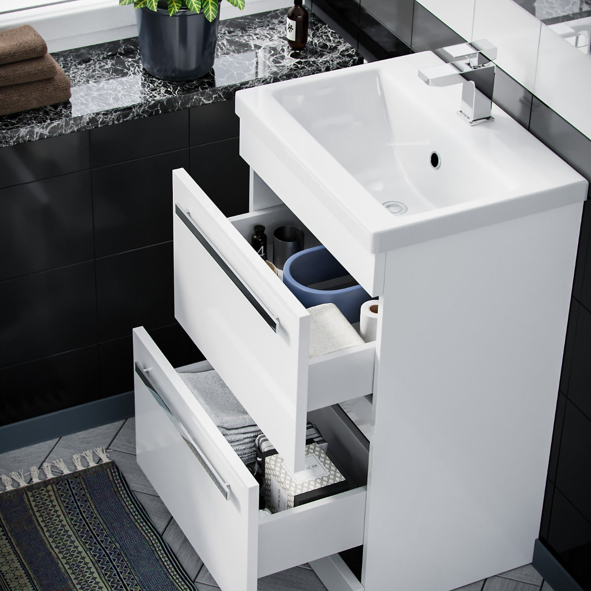 Nanuya 500mm Floorstanding 2 Drawer Vanity Unit & Curved BTW Toilet White