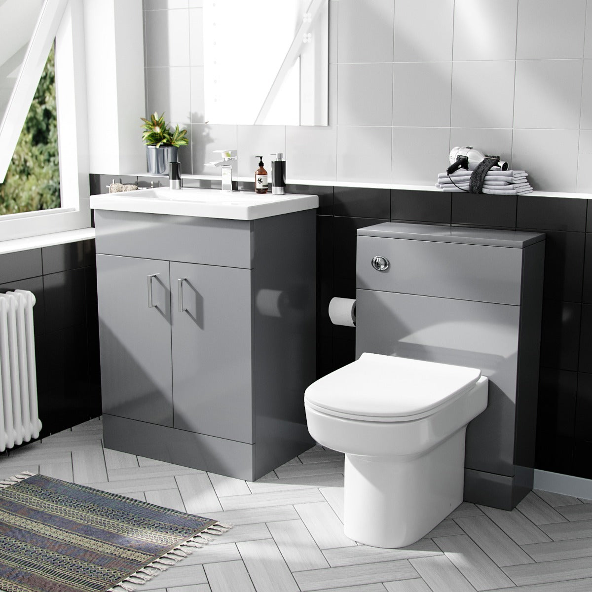 Nanuya 600mm Light Grey Basin Vanity Cabinet & Back To Wall WC Toilet Suite