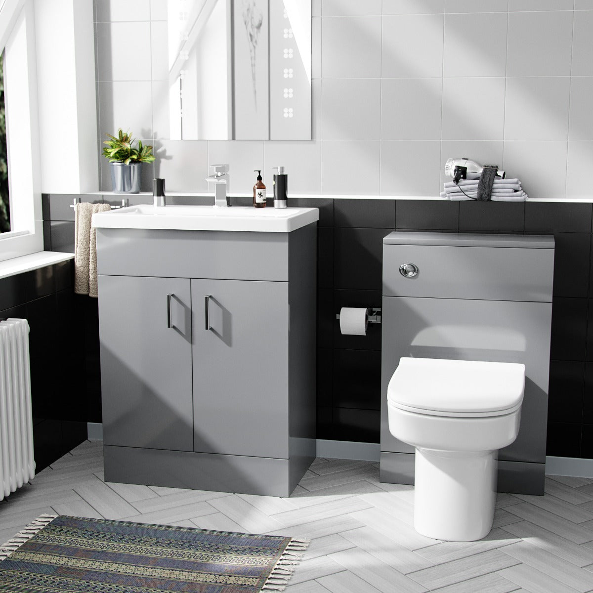 Nanuya 600mm Light Grey Basin Vanity Cabinet & Back To Wall WC Toilet Suite