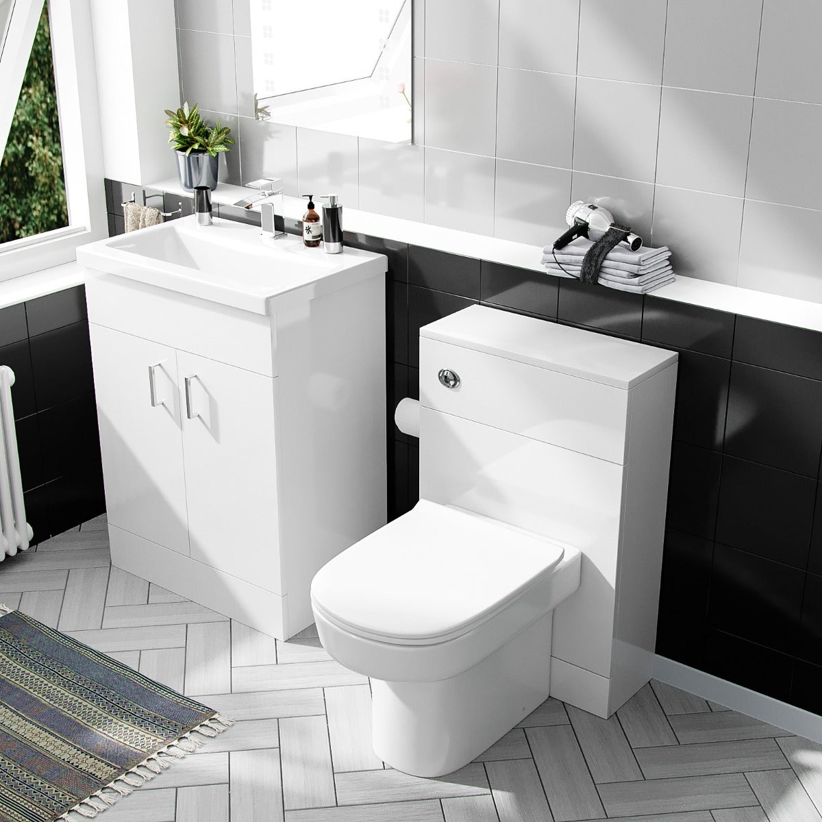 Nanuya 600mm Vanity Basin FP, WC Unit & Chem Back to Wall White