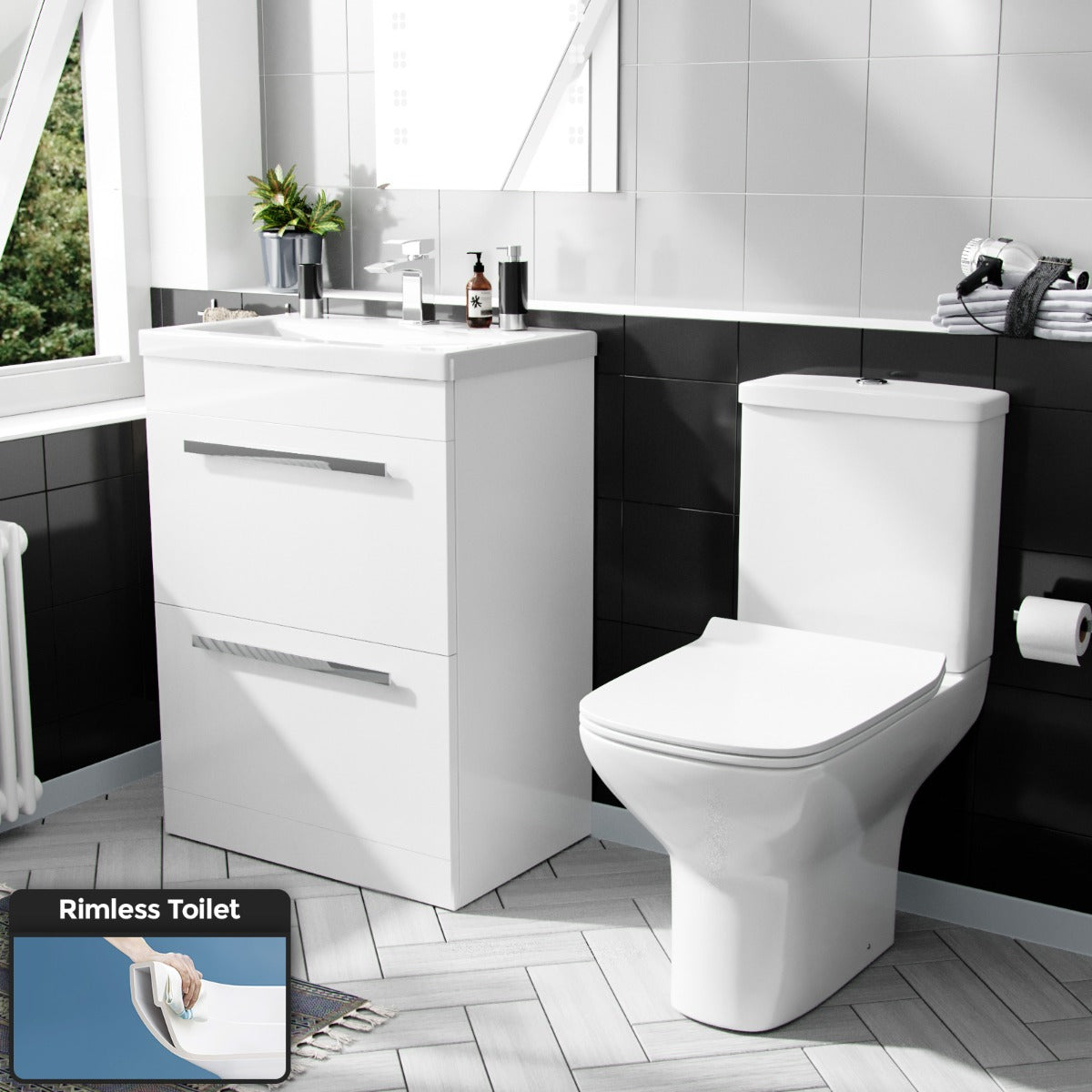 Nanuya 600mm Floorstanding 2 Drawer Vanity Basin Unit & Rimless Close Coupled Toilet White
