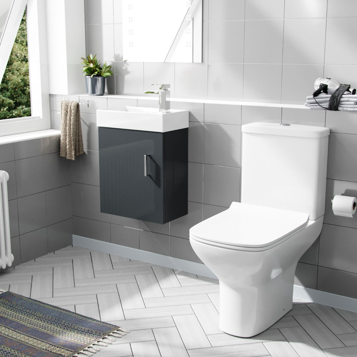 Nanuya 400mm Cloakroom Wall Hung Basin Vanity Unit & Rimless Close Coupled Toilet Dark Grey