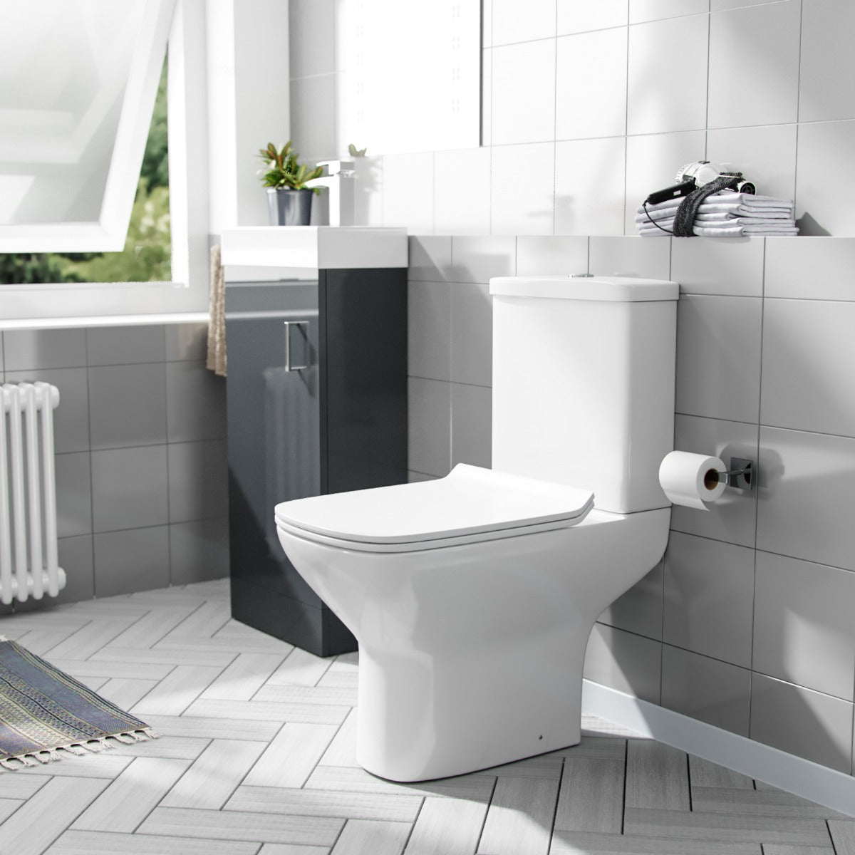 Nanuya 400mm Cloakroom Vanity Basin Unit & Rimless Close Coupled Toilet Dark Grey