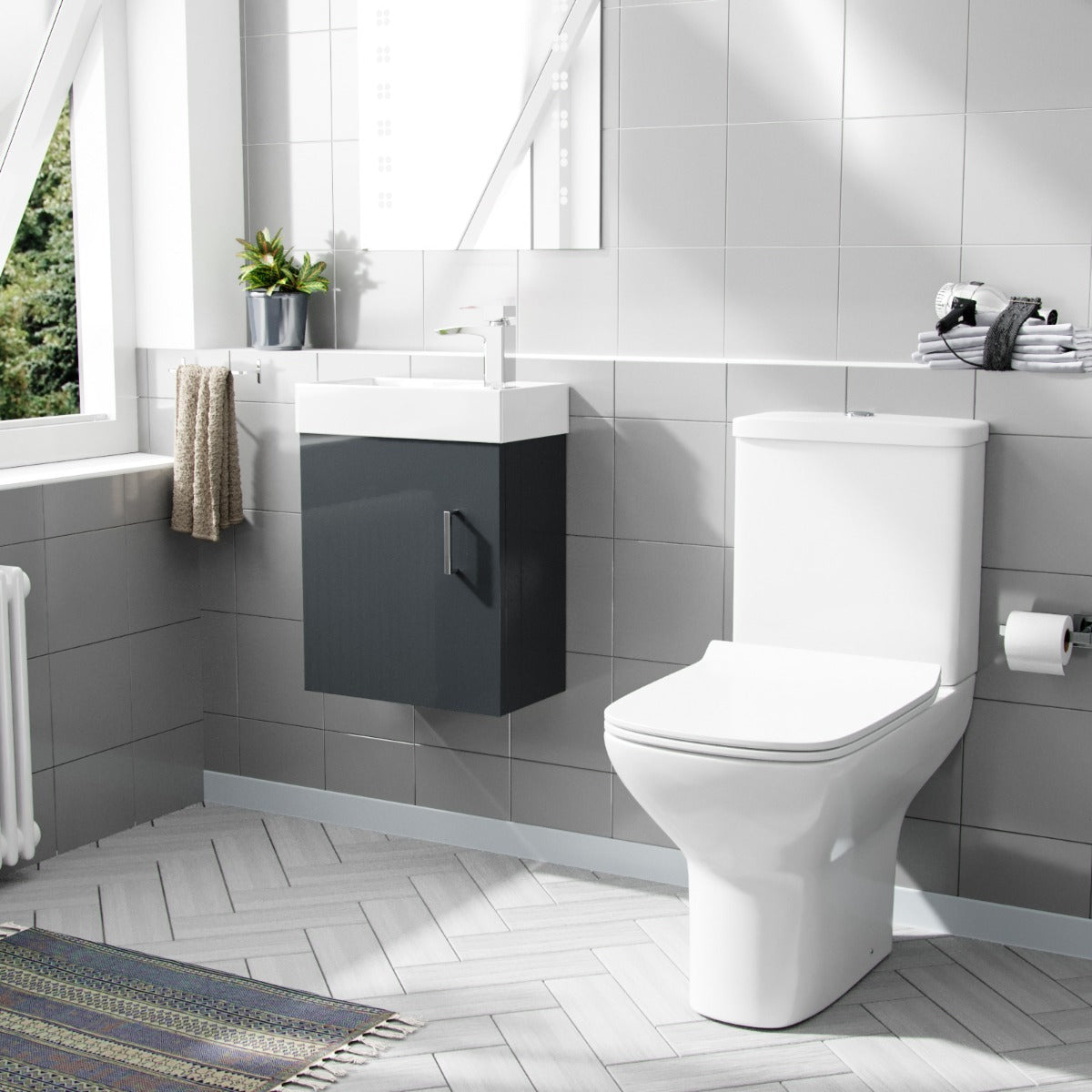Nanuya 400mm Cloakroom Wall Hung Basin Vanity Unit & Rimless Close Coupled Toilet Dark Grey