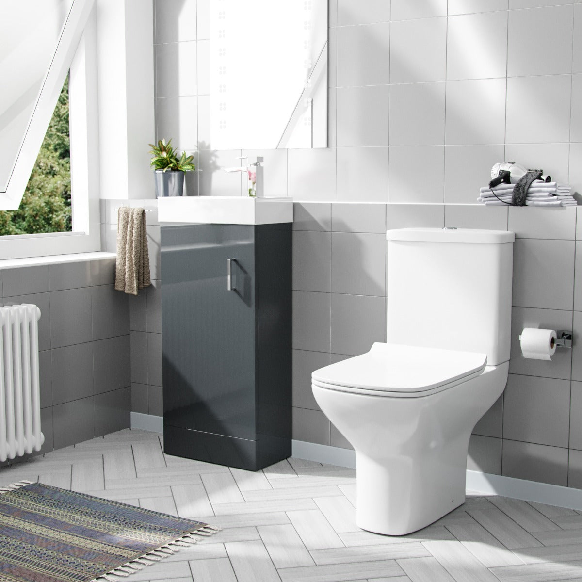 Nanuya 400mm Cloakroom Vanity Basin Unit & Rimless Close Coupled Toilet Dark Grey