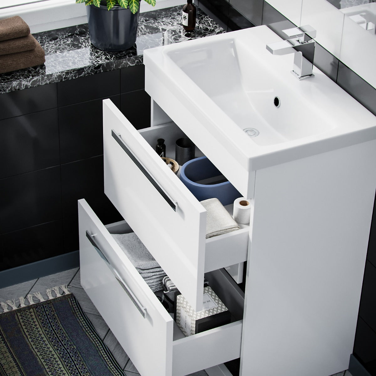 Nanuya 600mm Floorstanding 2 Drawer Vanity Basin Unit & Rimless Close Coupled Toilet White