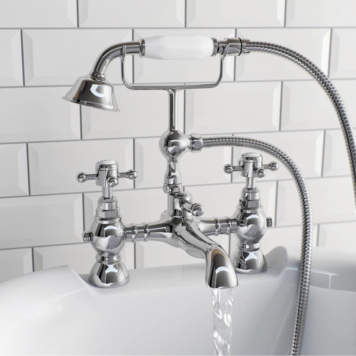 Churchill Traditional Set Of Hot & Cold Basin Taps And Bath Shower Mixer Tap With Handheld Kit