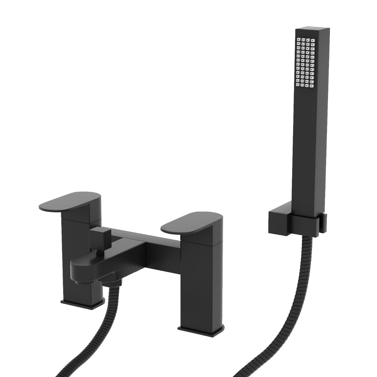 Black shower faucet and handheld shower head on a white background