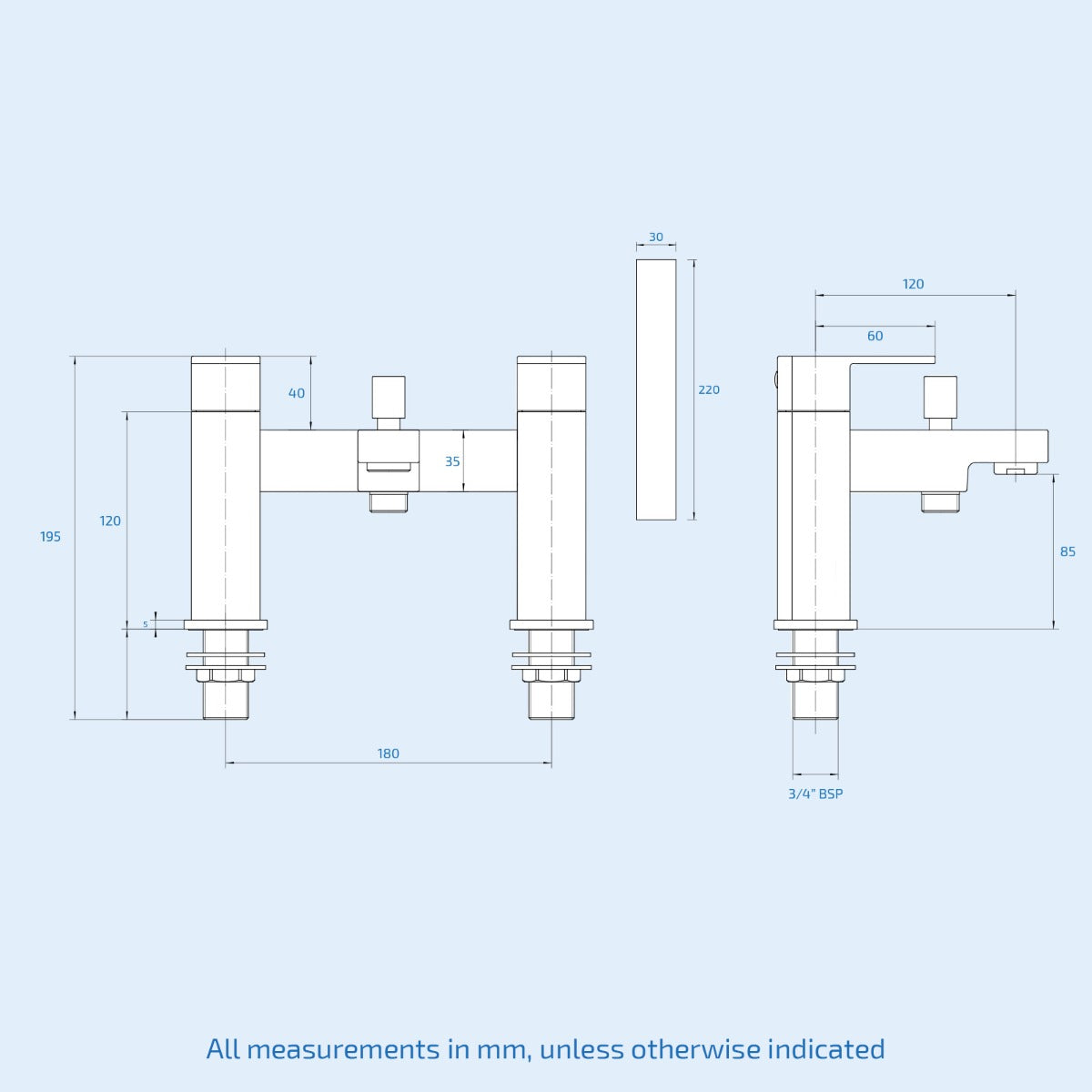 Technical drawing of a spout/faucet/tap with dimensions on a light blue background