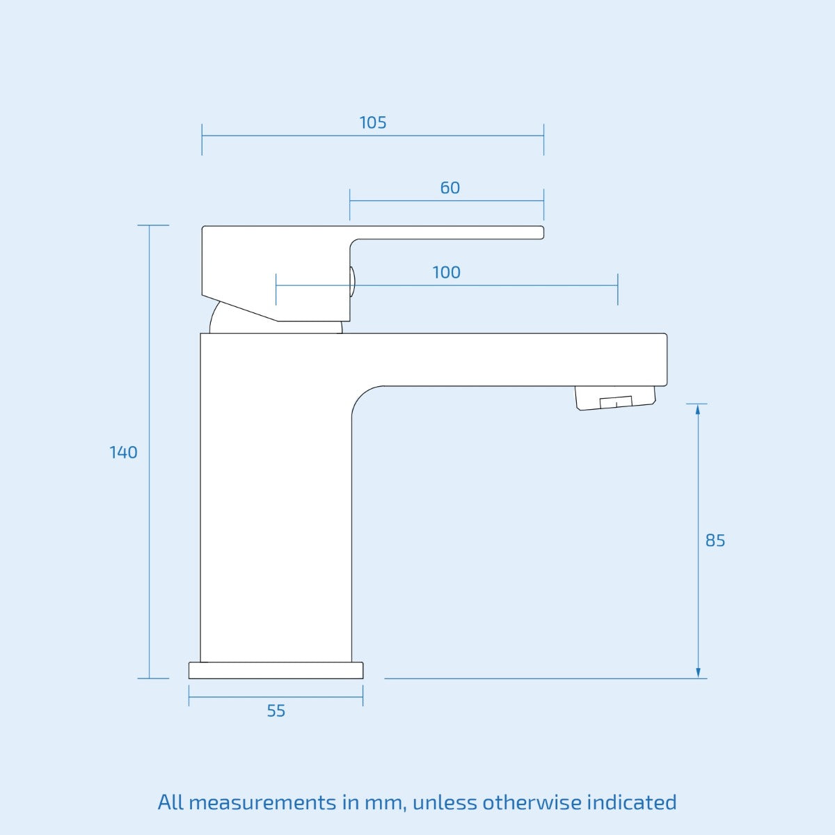 Technical drawing of a kitchen faucet with dimensions on a light blue background