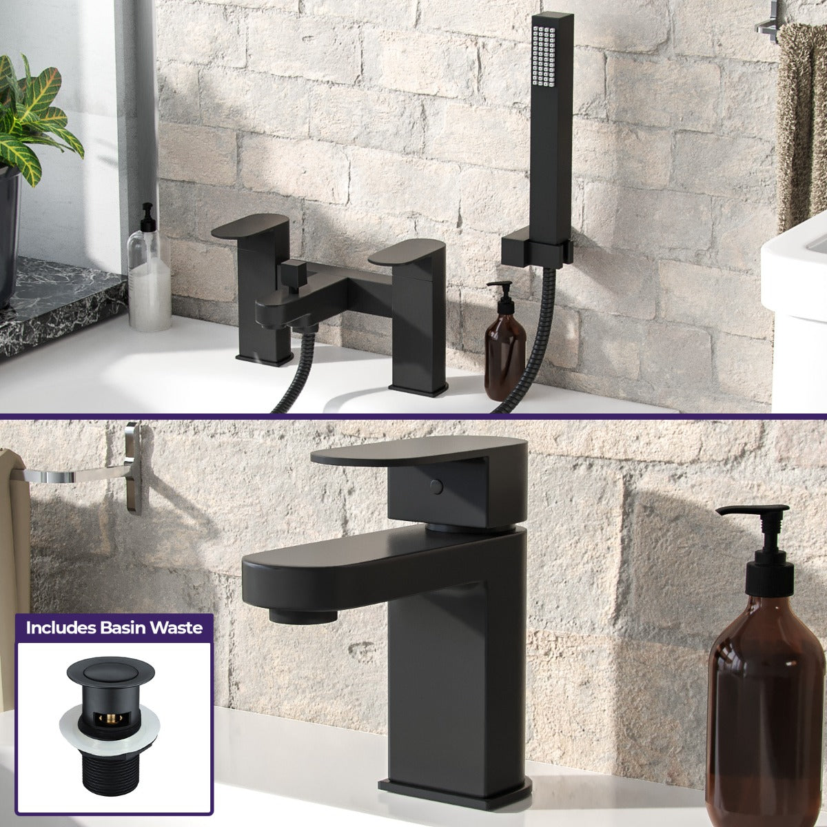 Black bathroom faucet set with additional components on a stone wall background