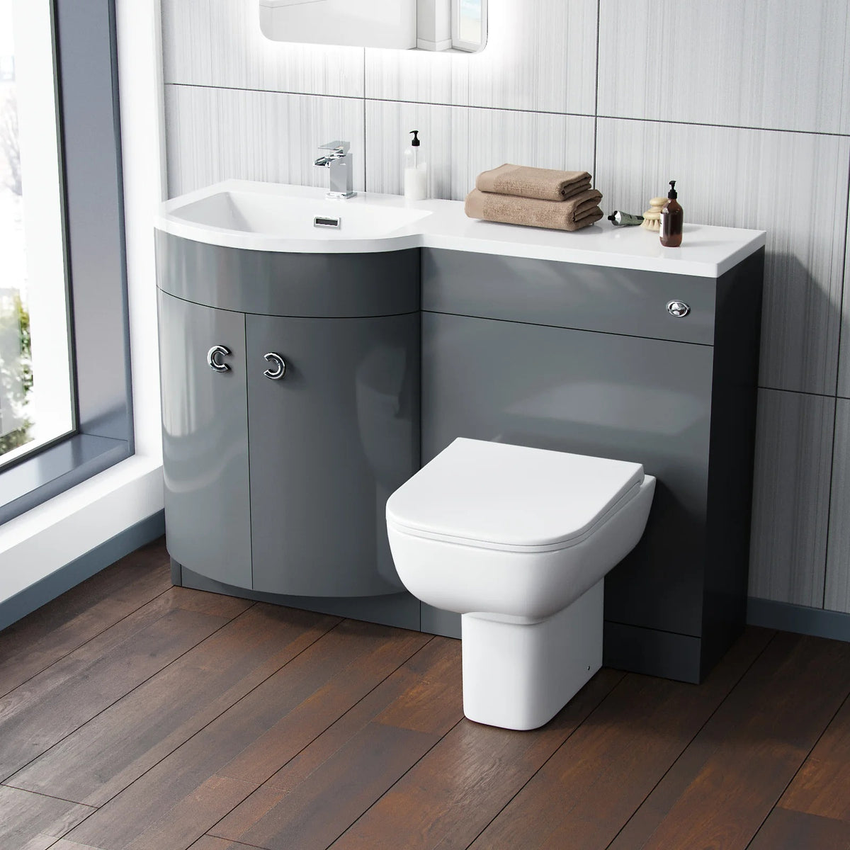 Dene Grey 1100mm P Shaped Right Hand Vanity Basin Cabinet and WC BTW Toilet