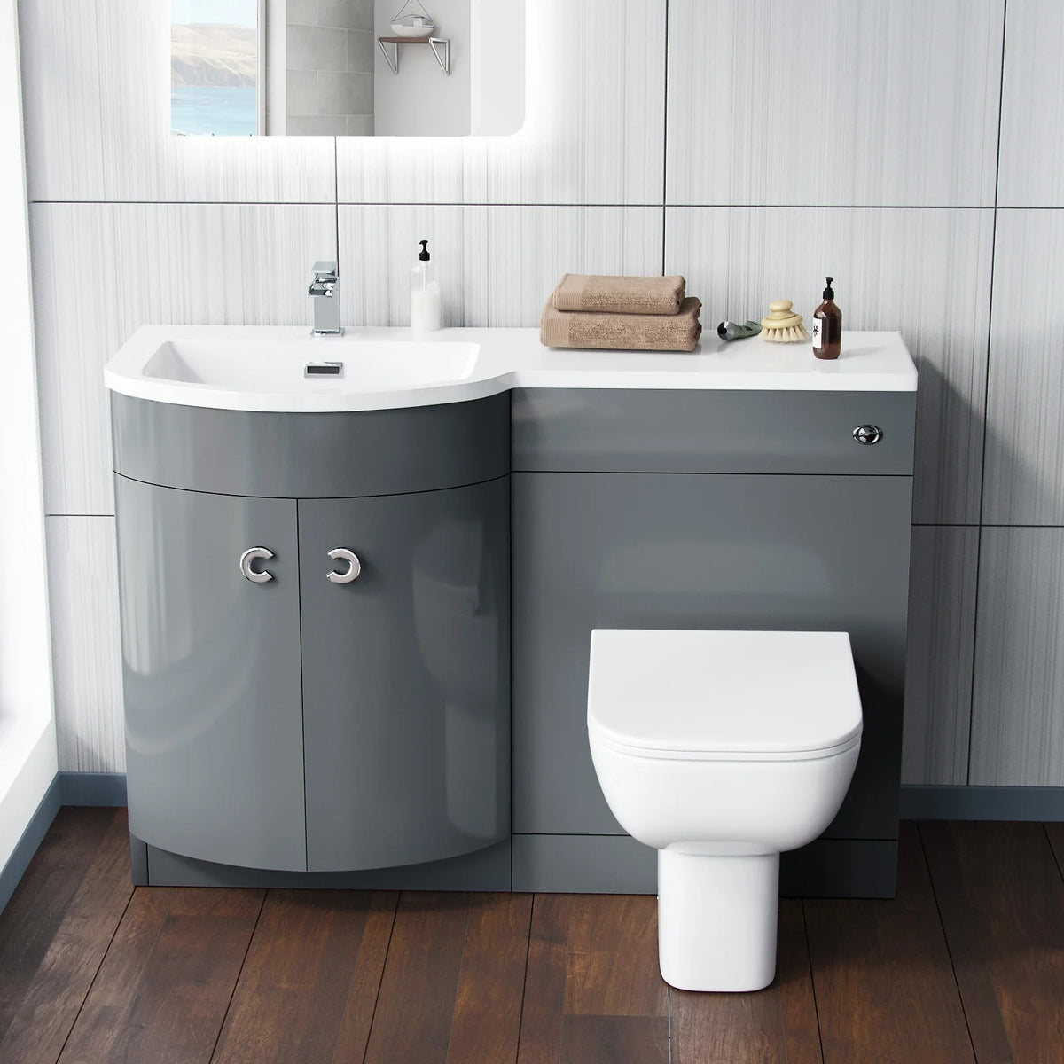 Dene Grey 1100mm P Shaped Right Hand Vanity Basin Cabinet and WC BTW Toilet