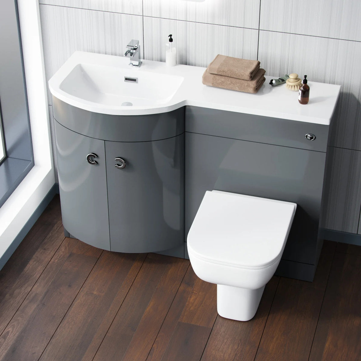 Dene Grey 1100mm P Shaped Right Hand Vanity Basin Cabinet and WC BTW Toilet