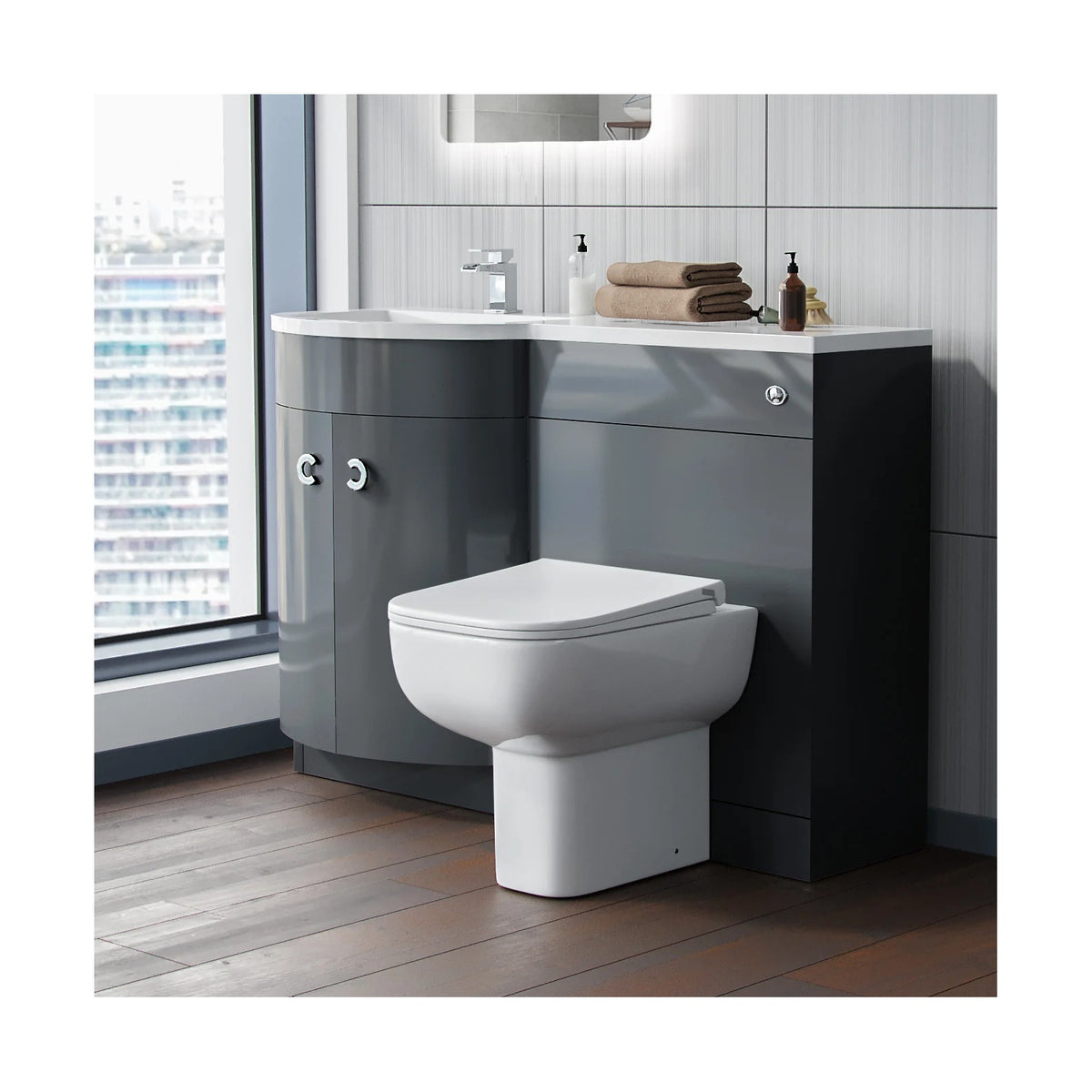 Dene Grey 1100mm P Shaped Right Hand Vanity Basin Cabinet and WC BTW Toilet