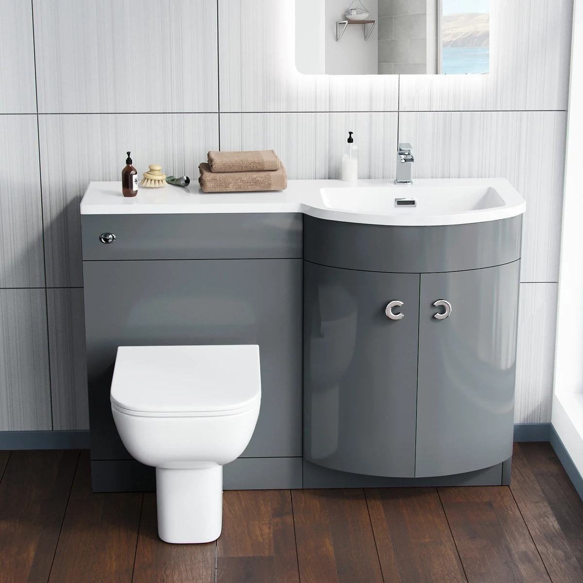 Dene Grey 1100mm P Shaped LH Vanity Basin WC Unit & Rimless BTW Toilet