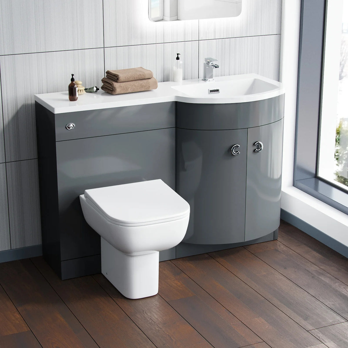 Dene Grey 1100mm P Shaped LH Vanity Basin WC Unit & Rimless BTW Toilet
