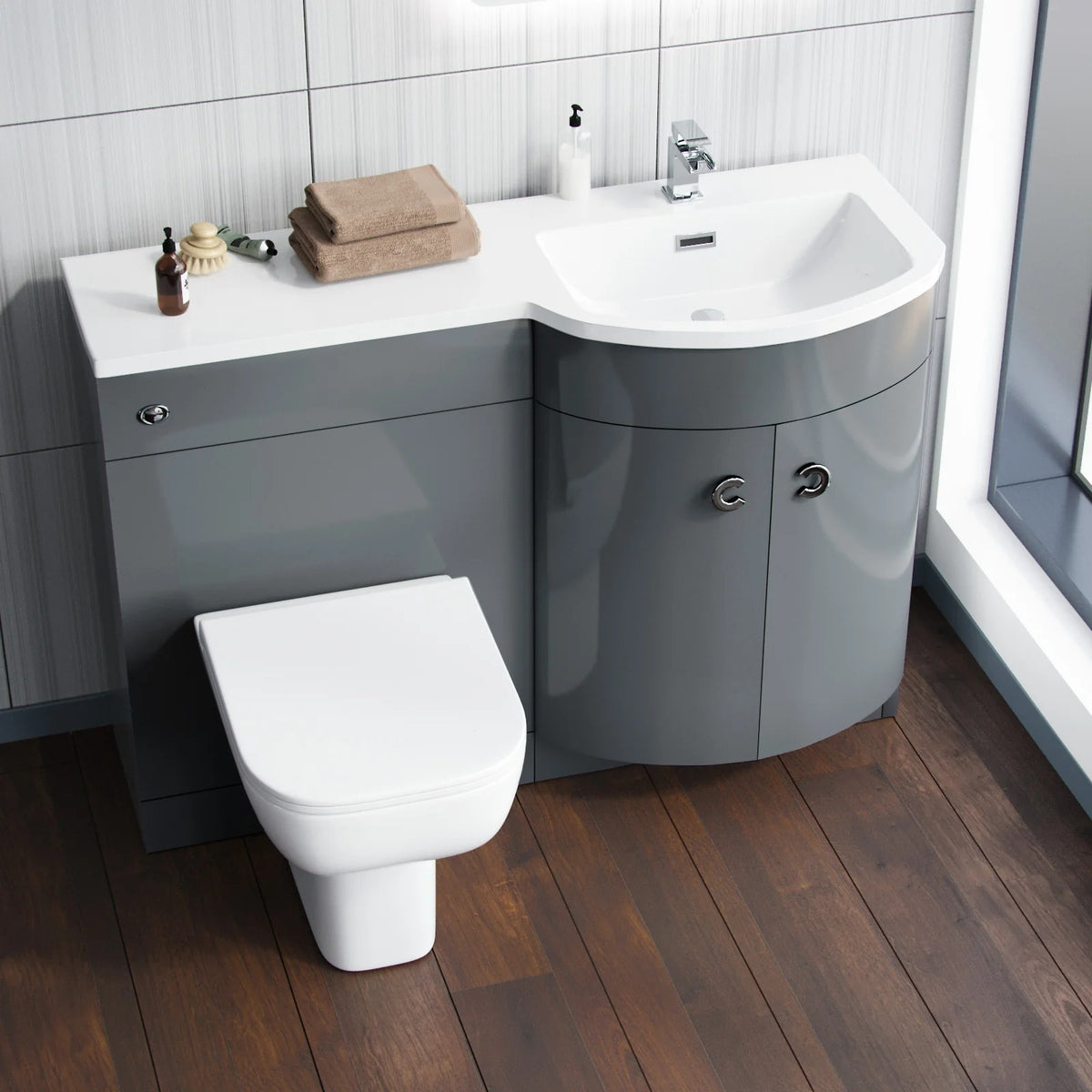 Dene Grey 1100mm P Shaped LH Vanity Basin WC Unit & Rimless BTW Toilet