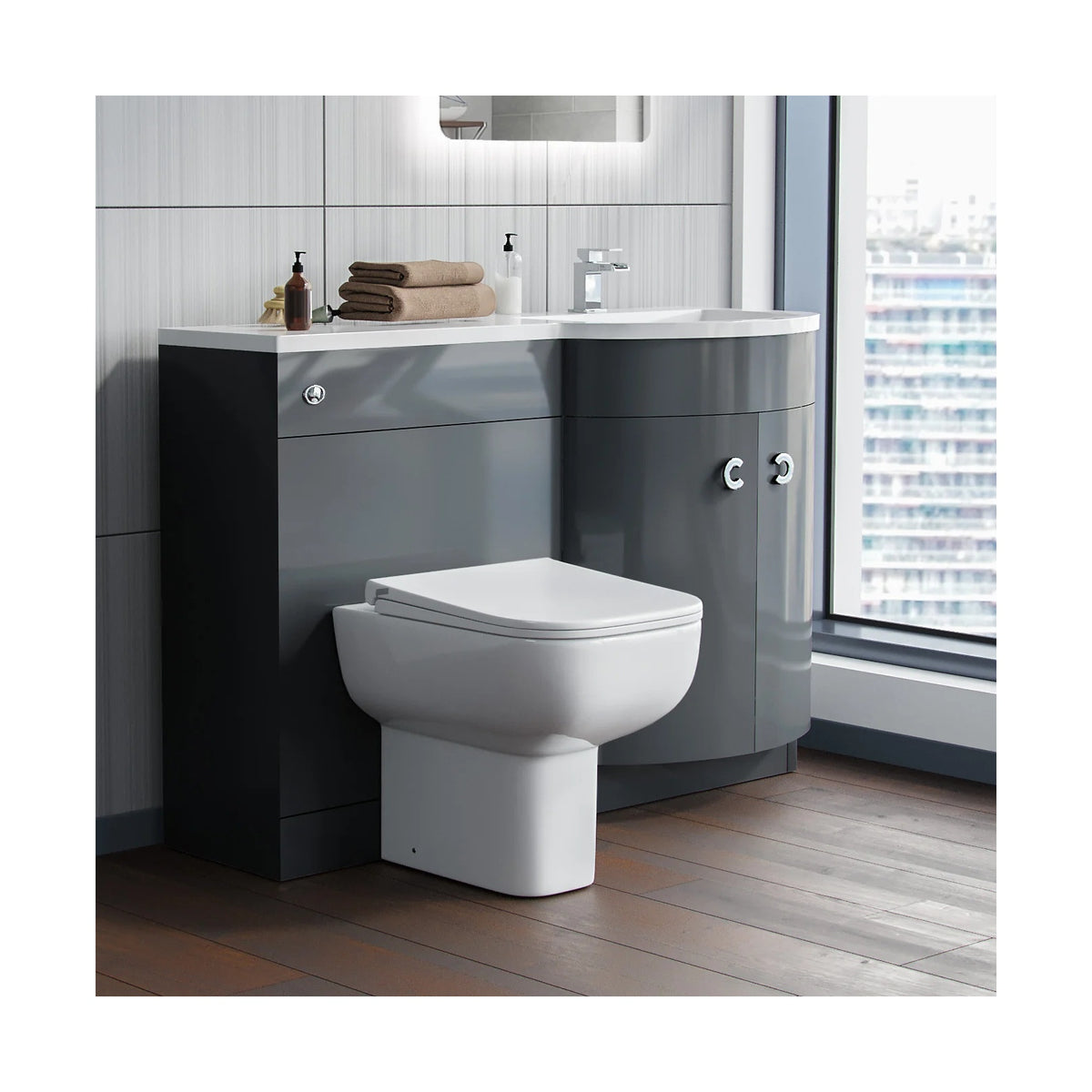 Dene Grey 1100mm P Shaped LH Vanity Basin WC Unit & Rimless BTW Toilet