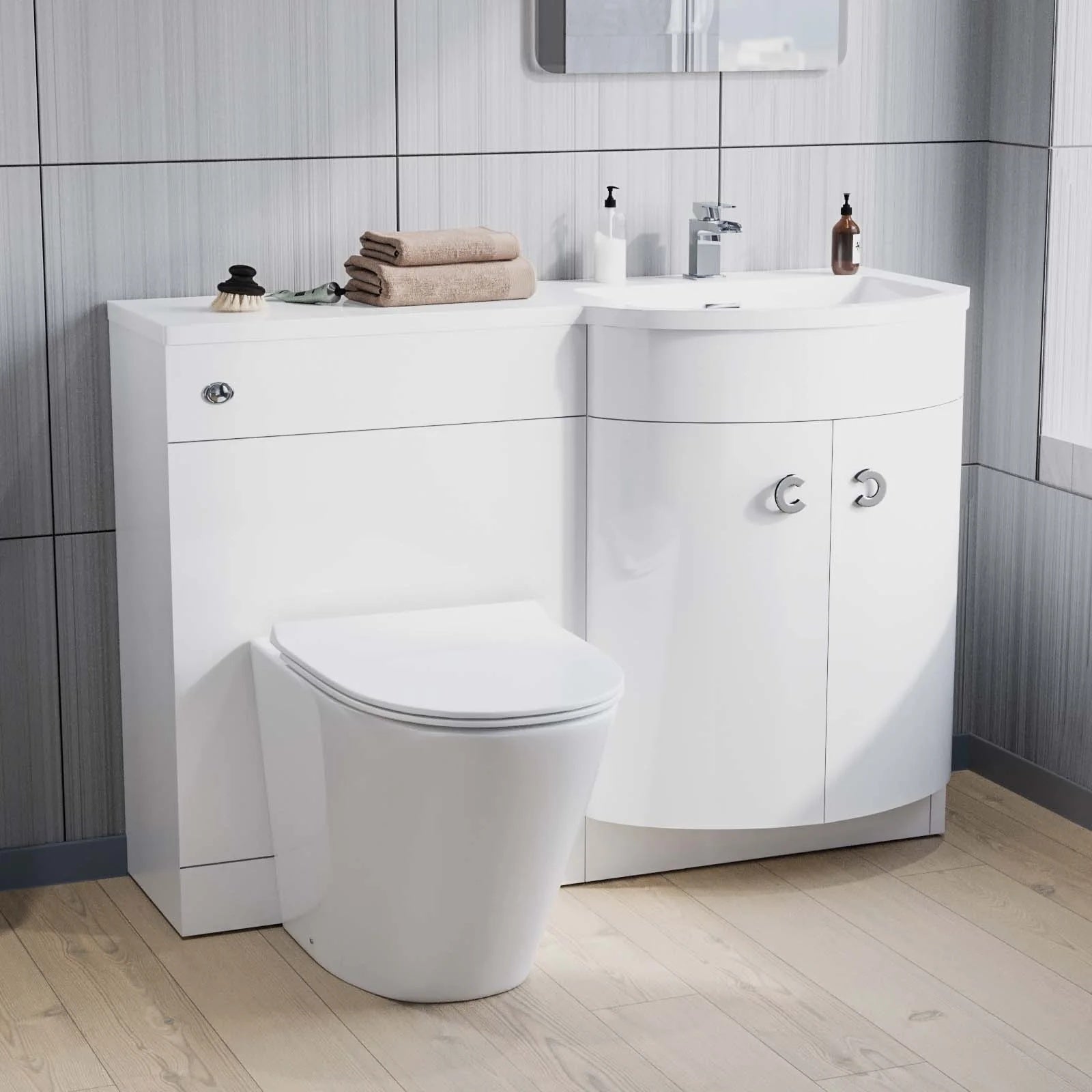 Dene L-Shaped LH Shower Bath Basin Vanity Unit White & Rimless BTW Toilet
