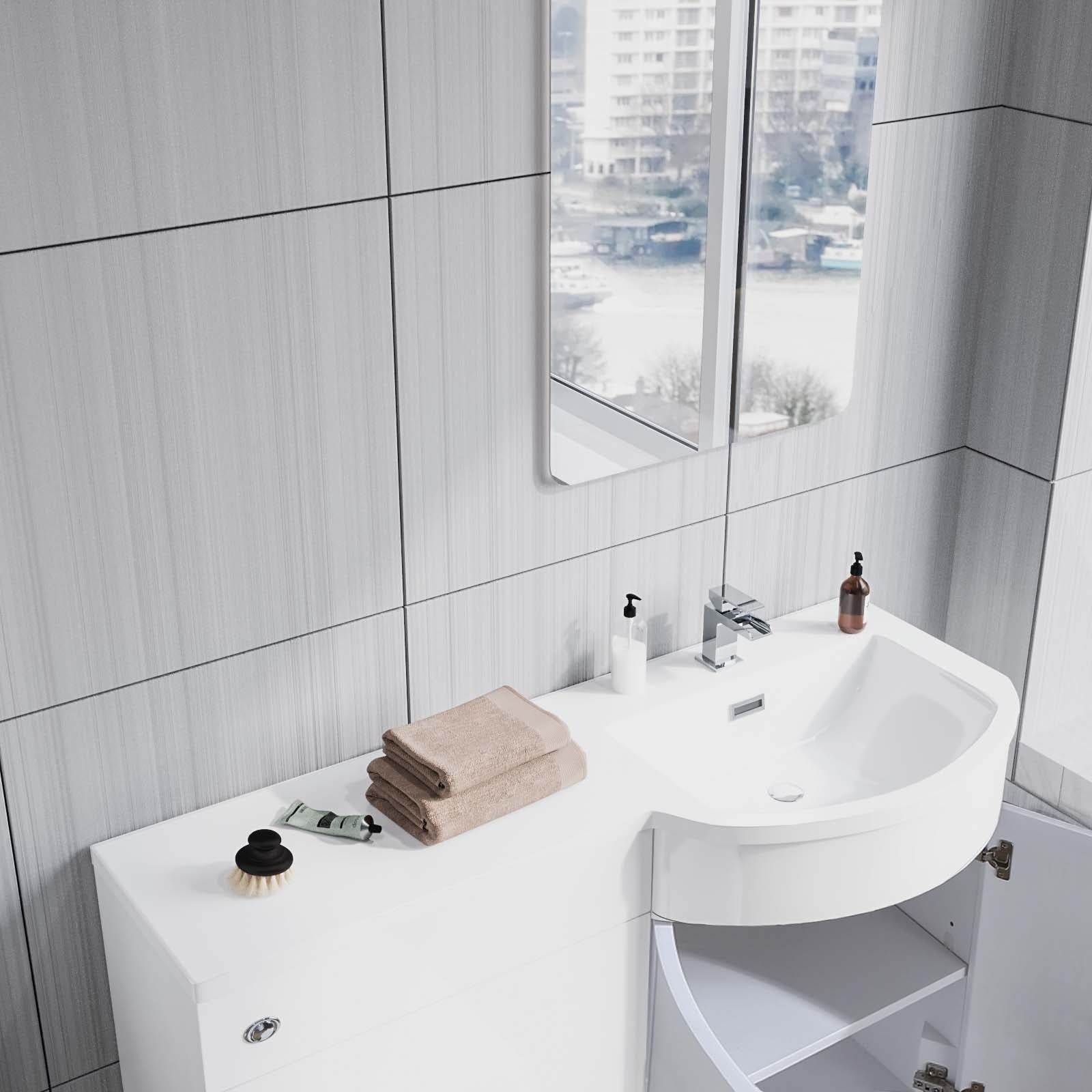 Dene L-Shaped LH Shower Bath Basin Vanity Unit White & Rimless BTW Toilet