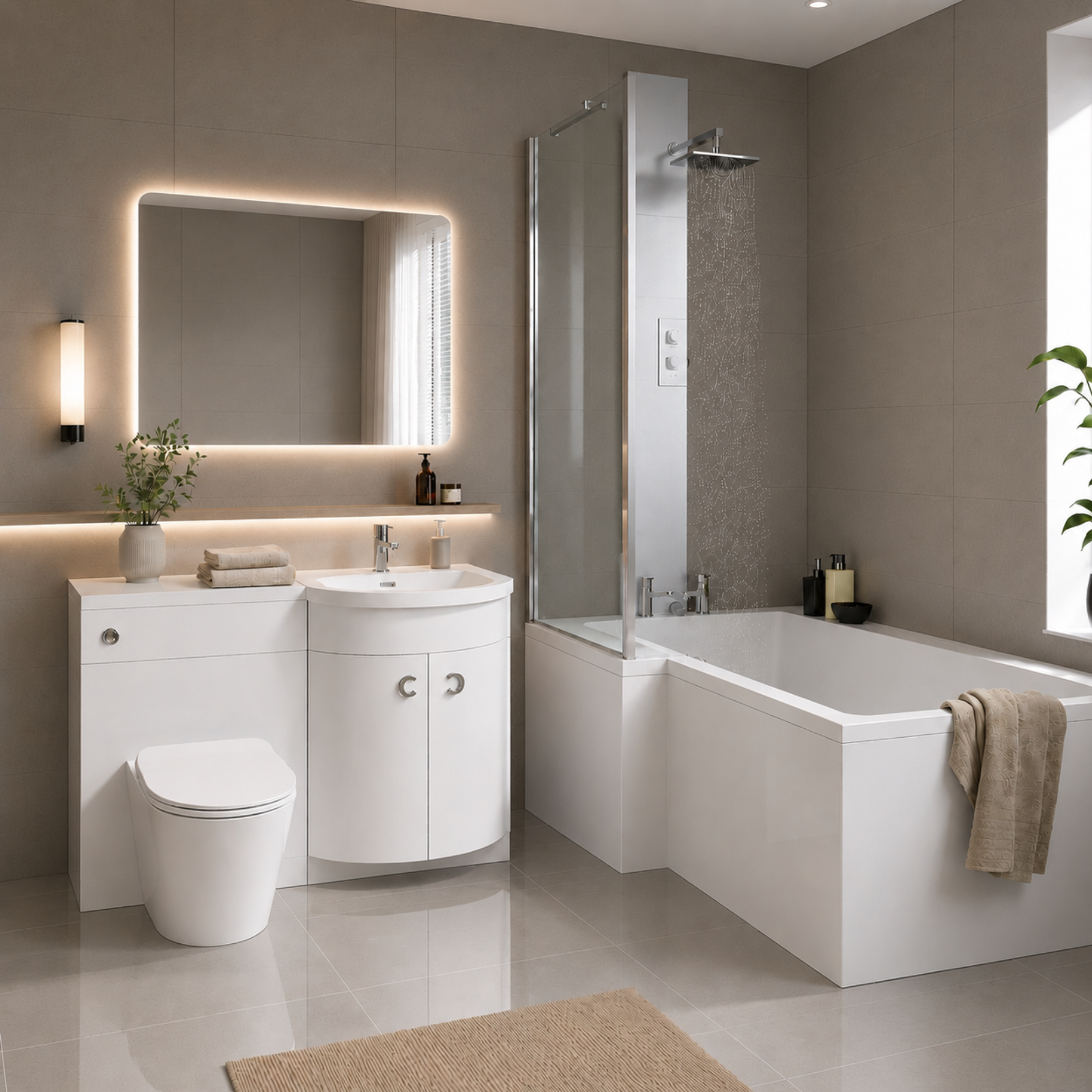 Dene L-Shaped LH Shower Bath Basin Vanity Unit White & Rimless BTW Toilet