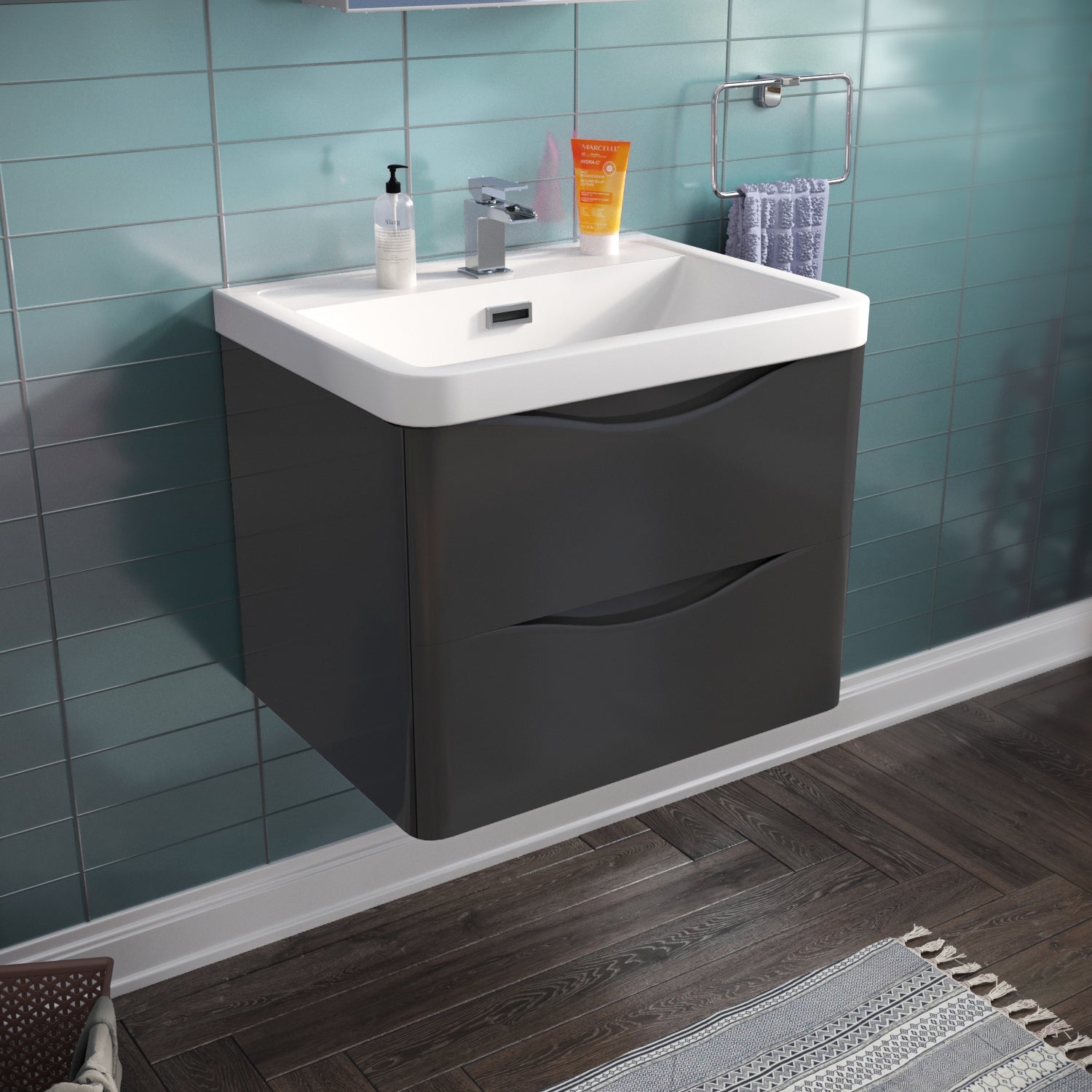 Merton 600mm Grey Wall Hung Vanity Unit Sink + Tall Storage Cabinet Basin