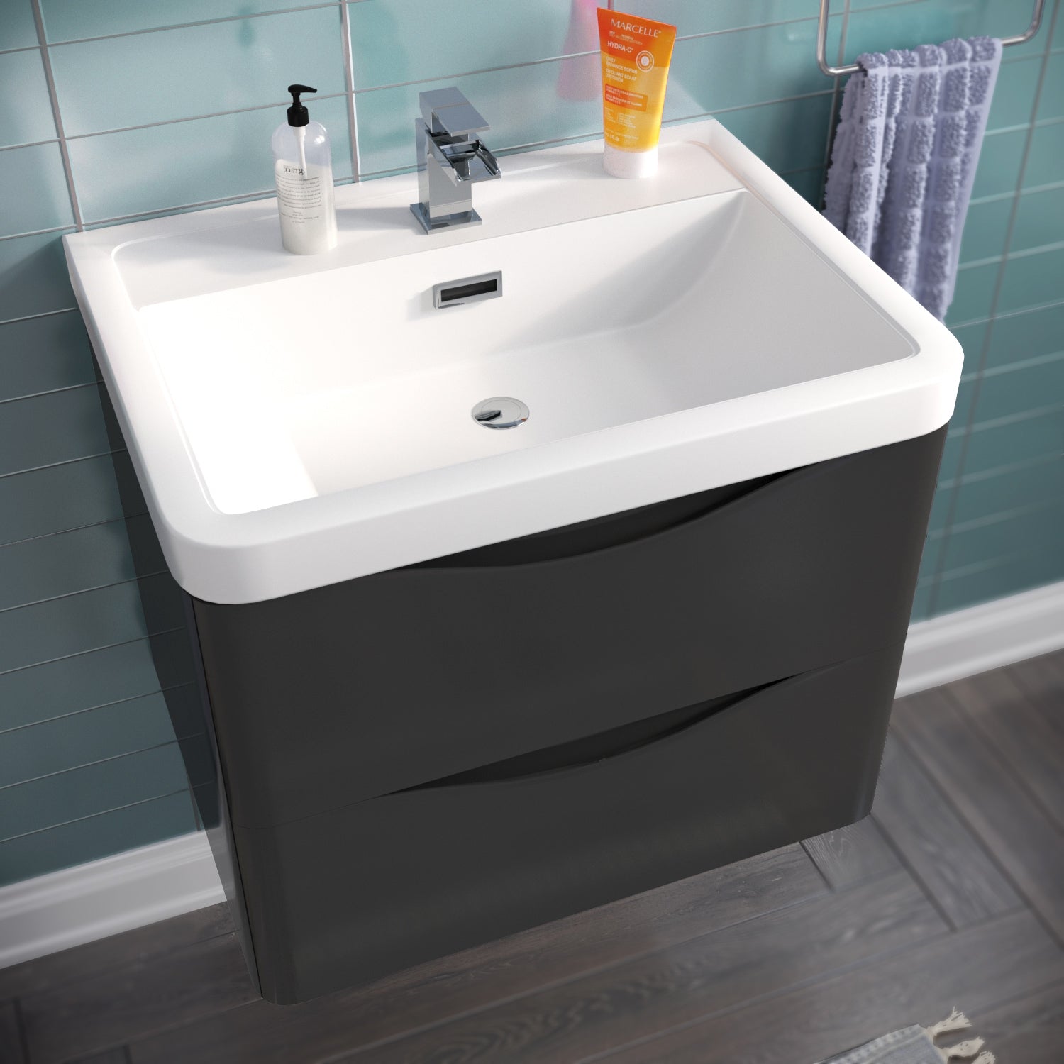 Merton 600mm Grey Wall Hung Vanity Unit Sink + Tall Storage Cabinet Basin