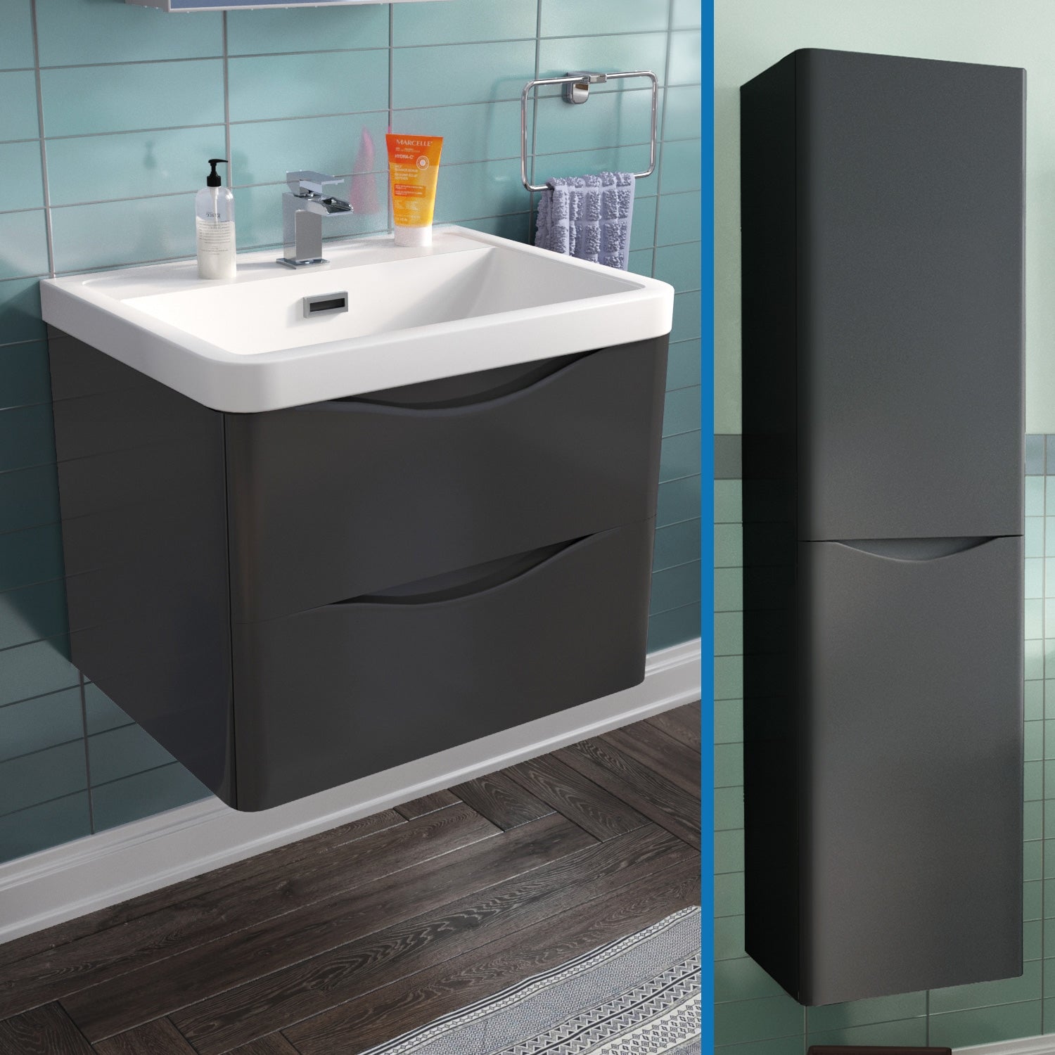 Merton 600mm Grey Wall Hung Vanity Unit Sink + Tall Storage Cabinet Basin