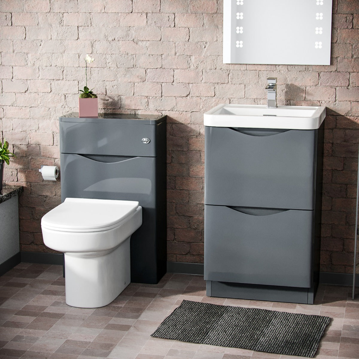 Merton 500mm 2 Drawer Vanity Basin Unit, WC Unit & Chem Back to Wall Toilet Grey