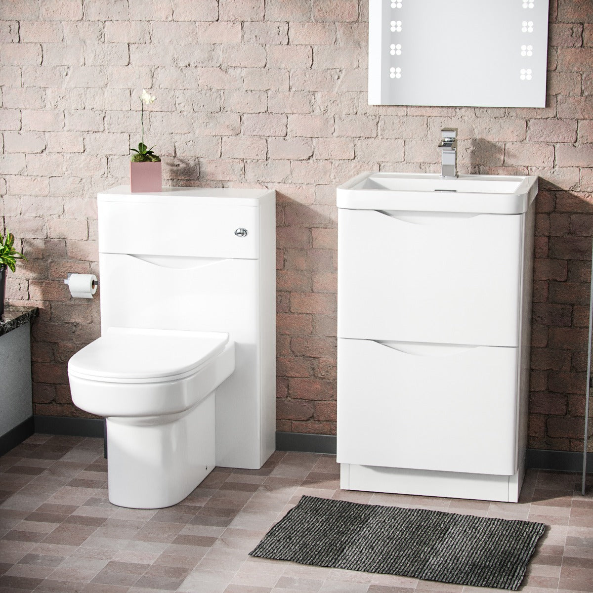 Merton 500mm 2 Drawer Vanity Basin Unit, WC Unit & Chem Back to Wall Toilet White