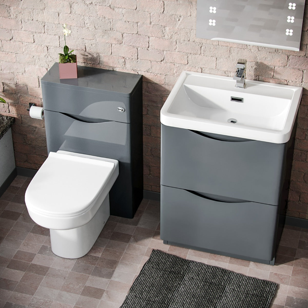 Merton 600mm Vanity Basin Unit, WC Unit & Chem Back To Wall Toilet Dark Grey