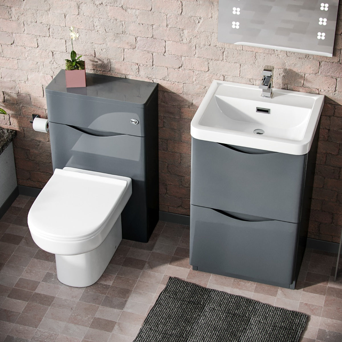 Merton 500mm 2 Drawer Vanity Basin Unit, WC Unit & Chem Back to Wall Toilet Grey