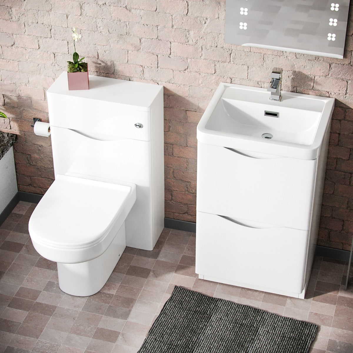 Merton 500mm 2 Drawer Vanity Basin Unit, WC Unit & Chem Back to Wall Toilet White