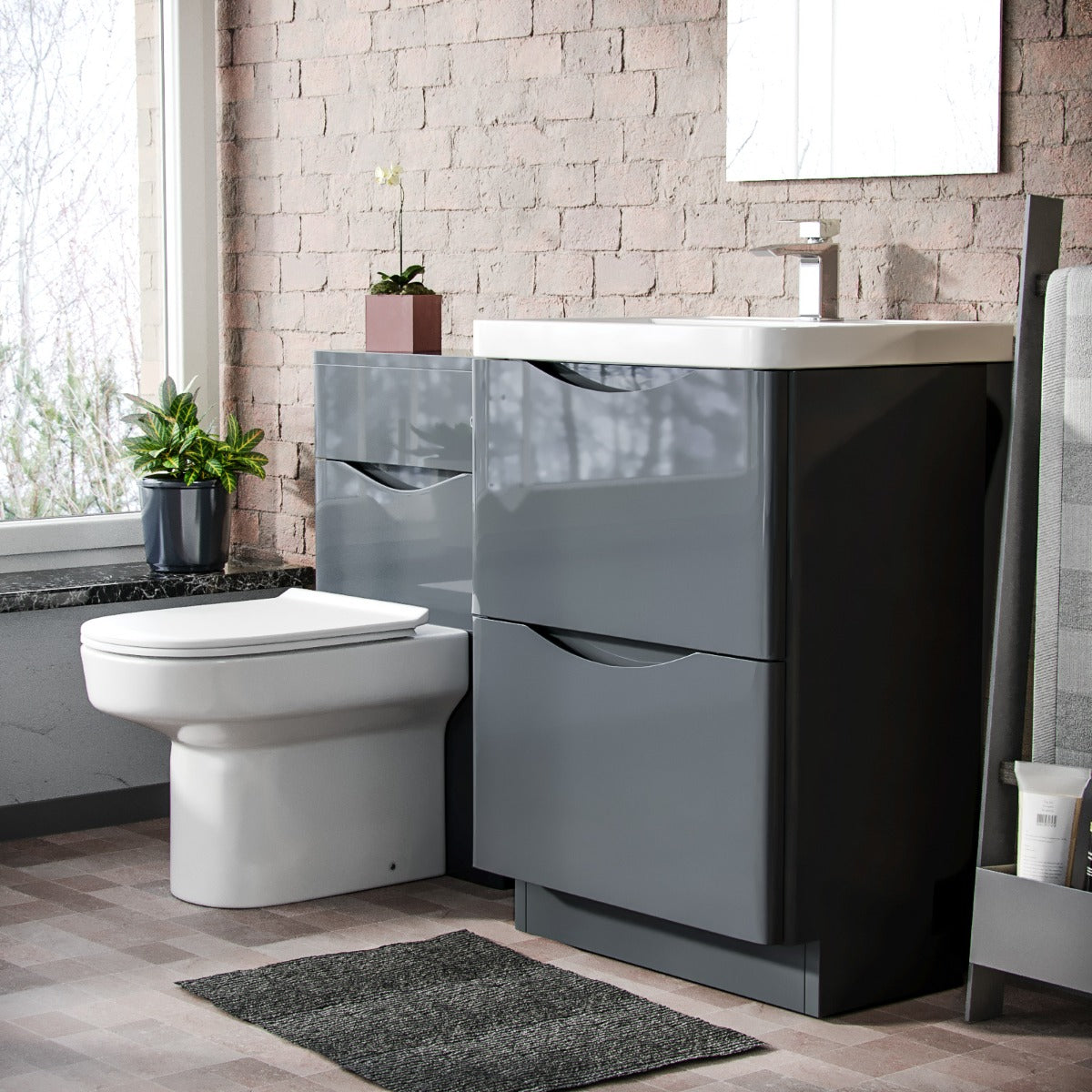 Merton 600mm Vanity Basin Unit, WC Unit & Chem Back To Wall Toilet Dark Grey