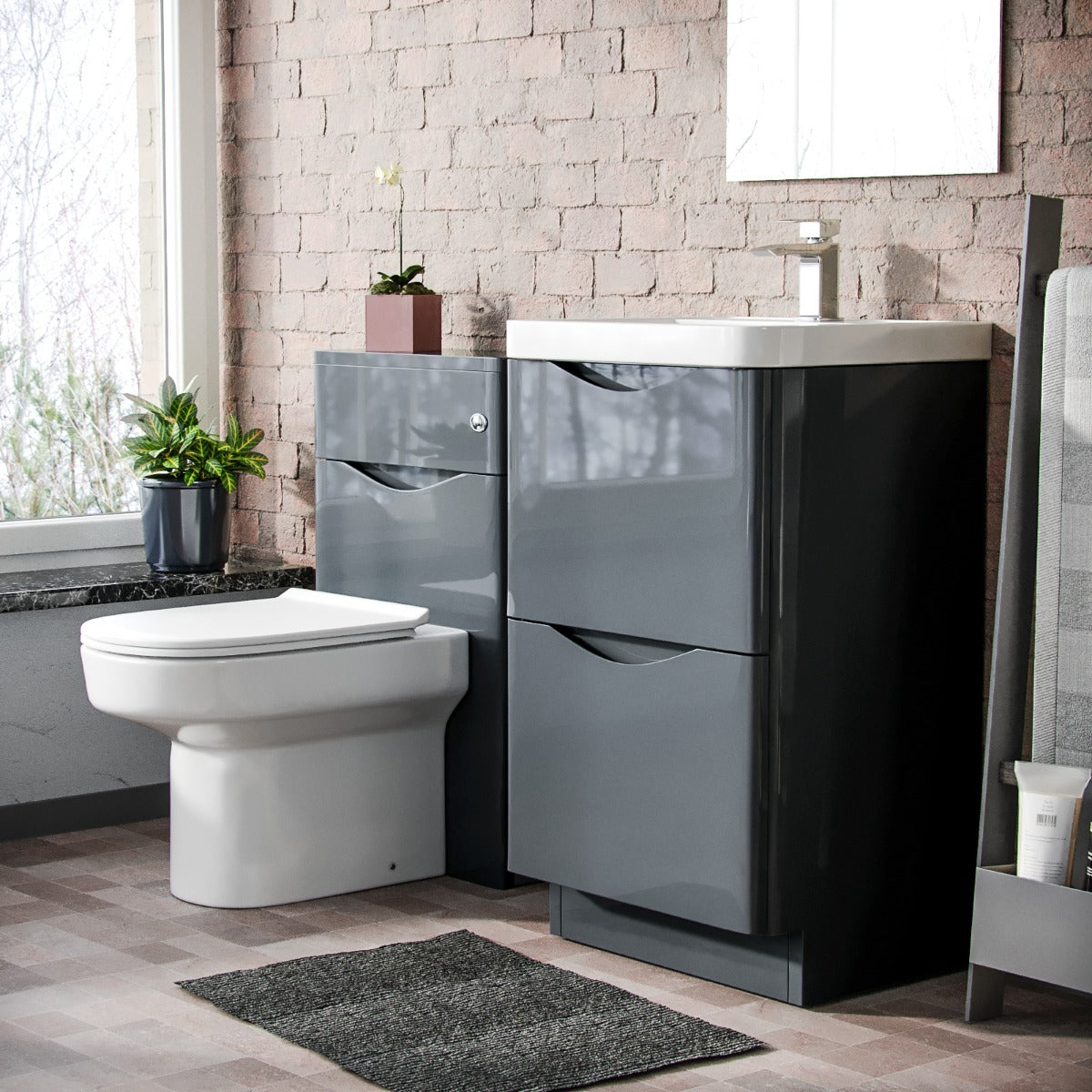 Merton 500mm 2 Drawer Vanity Basin Unit, WC Unit & Chem Back to Wall Toilet Grey