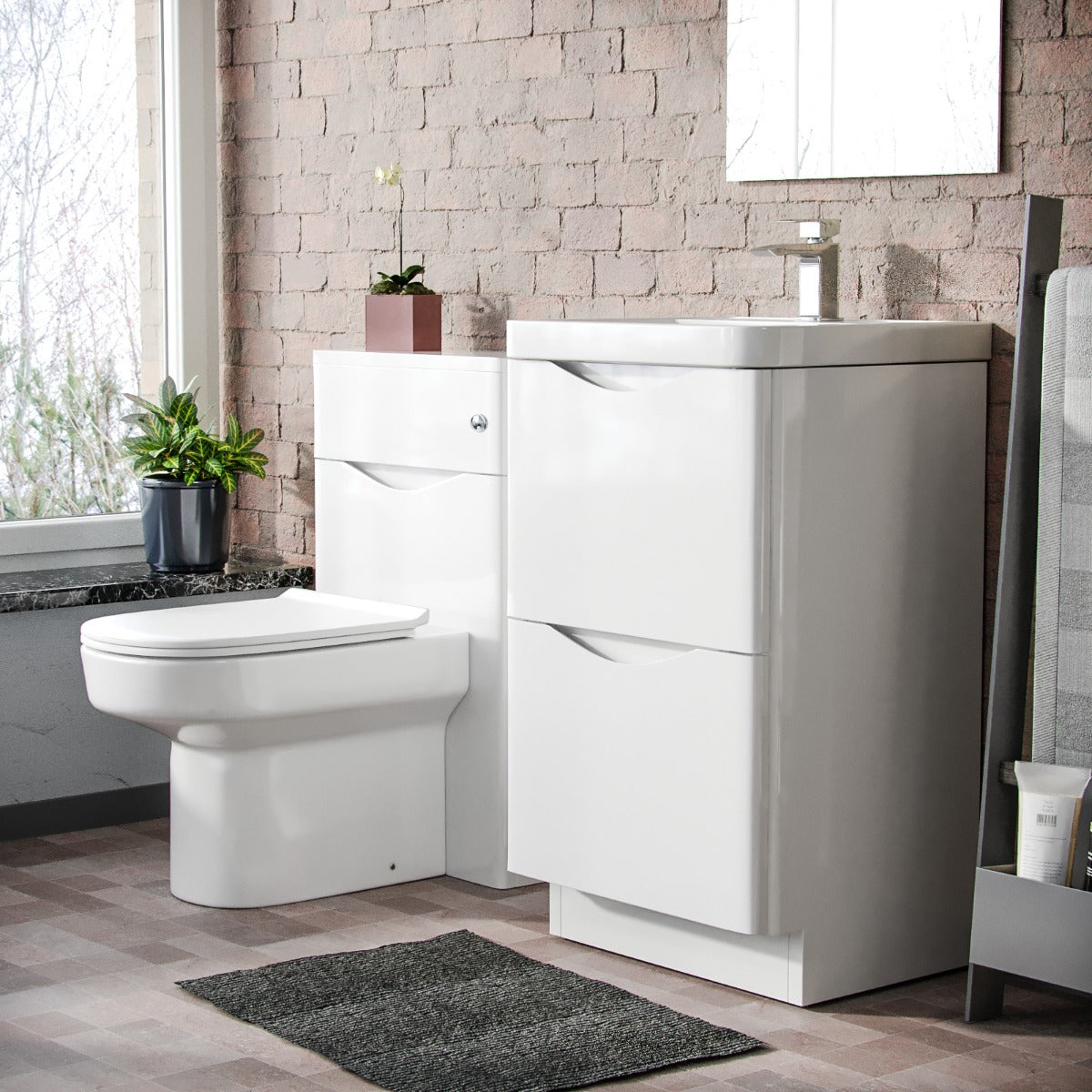 Merton 500mm 2 Drawer Vanity Basin Unit, WC Unit & Chem Back to Wall Toilet White