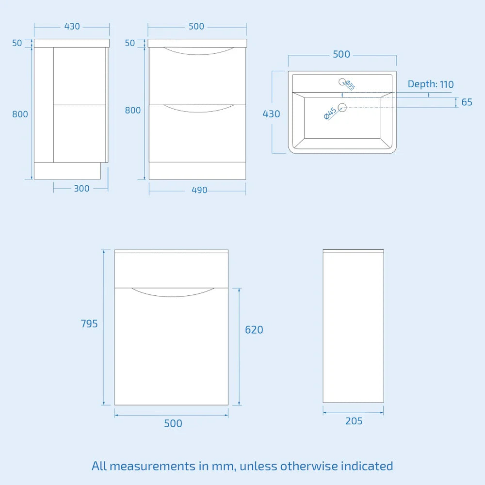 Merton 500mm Freestanding Flat Pack Vanity Basin Unit & Square Rimless Close Coupled Toilet White
