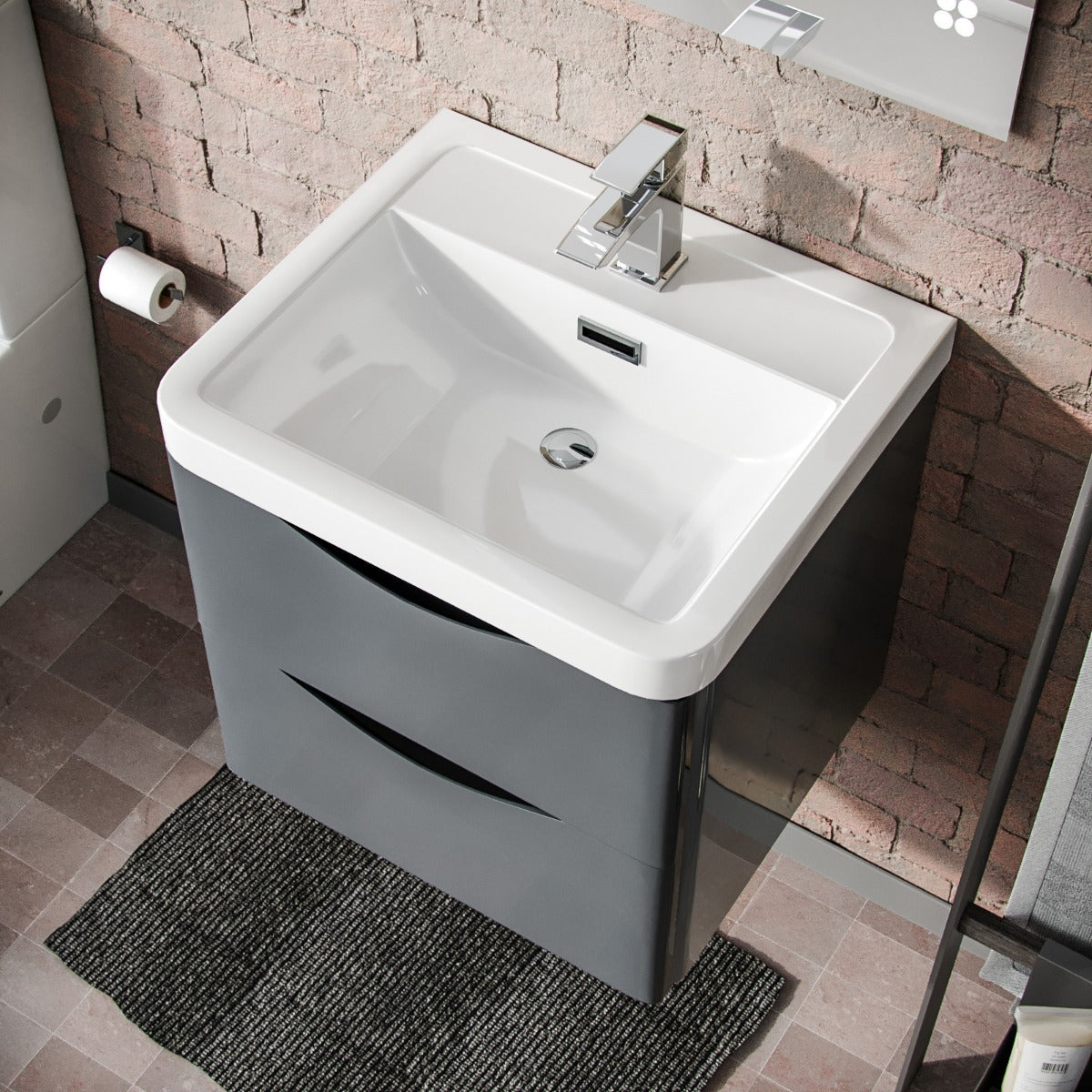 Merton 500mm Wall Hung Vanity Basin Unit, WC Unit & Chem Back to Wall Toilet Grey