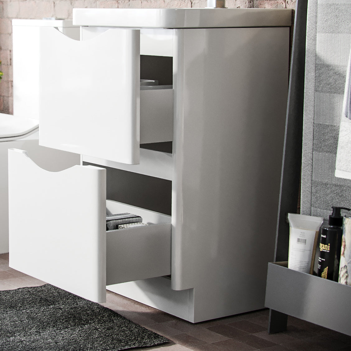 Merton 500mm 2 Drawer Vanity Basin Unit, WC Unit & Chem Back to Wall Toilet White