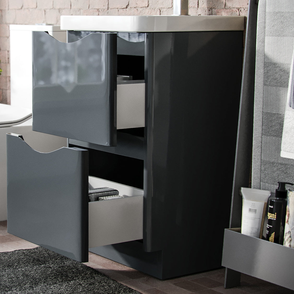 Merton 500mm 2 Drawer Vanity Basin Unit, WC Unit & Chem Back to Wall Toilet Grey