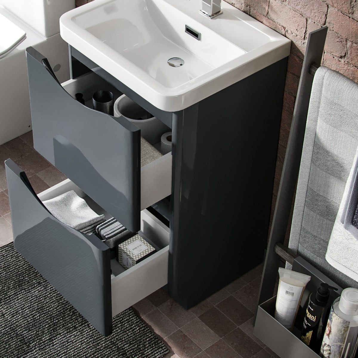 Merton 500mm 2 Drawer Vanity Basin Unit, WC Unit & Chem Back to Wall Toilet Grey
